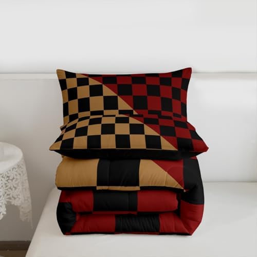 Checkered Retro Bedding Set for Boys Girls Modern Geometric Cute Comforter Set Full Size Brown Red Duvet Quilt Vintage Simple Groovy Aesthetic Bedroom Decor 3 Pcs with 2 Pillow Cases