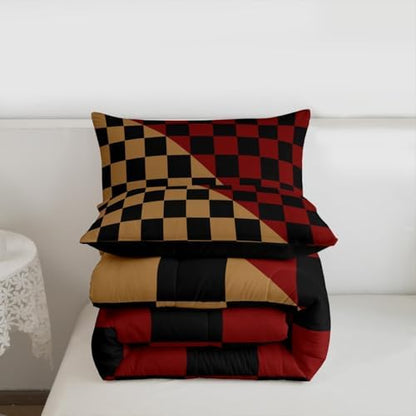 Feelyou Checkered Retro Bedding Set for Boys Girls Modern Geometric Cute Comforter Set Twin Size Brown Red Duvet Quilt Vintage Simple Groovy Aesthetic Bedroom Decor 2 Pcs with 1 Pillow Cases