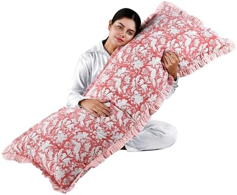 CPC Block Print Pink Coral Ruffle Cotton Lumbar Pillow Cover 20x54 inch