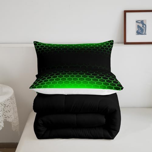 Green Black Ombre Honeycomb Comforter Full Size for Boys Girls, Geometrics Hexagon Comforter Set Abstract Green and Black Bedding Set Hexagonal Duvet Set Microfiber Bed Set
