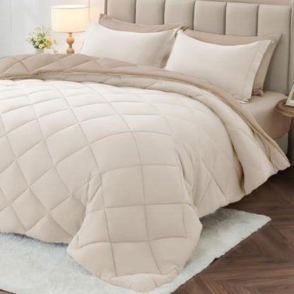 MUXHOMO 7 Pieces King Comforter Set, Reversible Bed in a Bag King Size, All Season Bedding Set with Comforter, Flat Sheet, Fitted Sheet, Pillowcases & Shams, Beige & Dark Linen