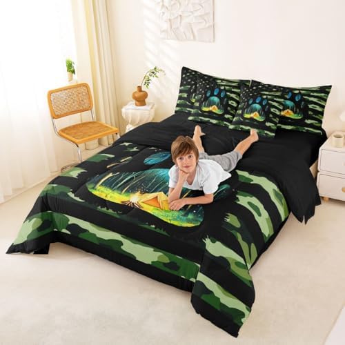 Erosebridal American Flag 7 Pieces Bedding Set Army Green Camo Full Comforter Set for Boys Girls Bear Claw Hunting Theme Bed in A Bag with Flat and Fitted Sheet Camoflage Camping Campfire Bed Set