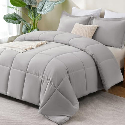 CozyLux King Size Comforter Set, 3-Piece Box-Stitched, French Grey