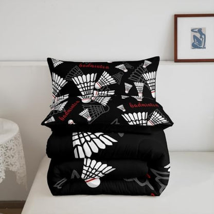 Castle Fairy Badminton King Size Comforter Set,Kids Badminton Sports Decor All Season Bedding Set,Teens Ball Games Comforter,Black White Red Decor Quilt Set Bedroom Collection 3Pcs