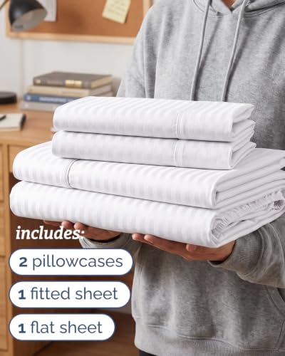 Twin 4 Piece Bed Sheet Set - Breathable & Cooling Sheets - Striped White
