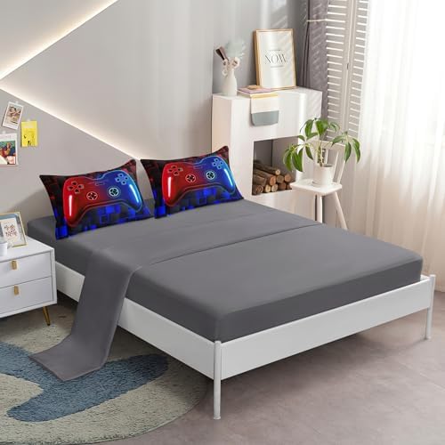 5 Pieces Kids Twin Size Gaming Comforter Set, Red Blue Game Controller Bedding Set for Boys Girls Teens, Soft Microfiber Bed in a Bag with Sheets, All Season Washable Gamer Room Decor Twin51