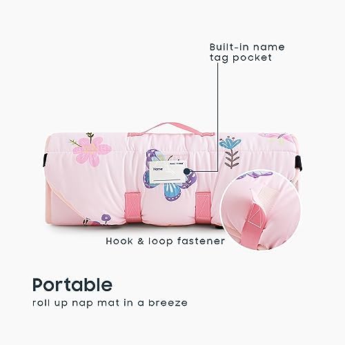 Wake In Cloud - Cot Nap Mat with Pillow and Blanket, for Toddler Kids Girls in Daycare Kindergarten Preschool Pre K with Elastic Corner Straps, Cute Butterfly Flowers, Pink