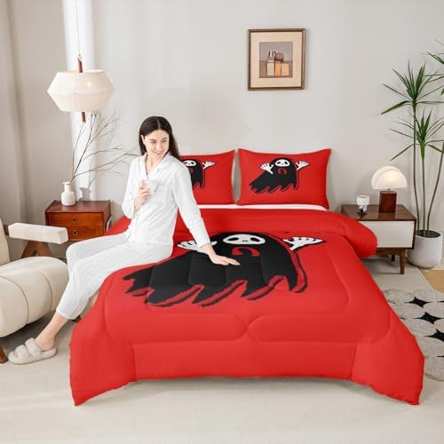 Manfei Cartoon Ghost Kids Comforter Set Full Size,Happy Halloween Gothic Trippy Bedding Set,Girls Boys Room Decor,Western Holiday Before Christmas Quilt Comforter,Red Black Duvet Insert,2 Pillowcases