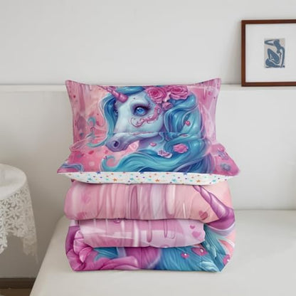 Unicorn Comforter Sets Queen Size Cartoon Unicorn Bedding Set for Kids Girls Boys Bedroom Soft Reversible Kawaii Rose Flower Pattern Cute All Season Quilt Set with 2 Pillowcases Pink Blue