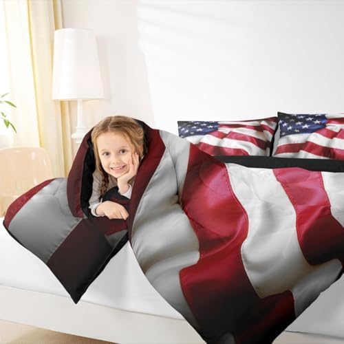 Erosebridal American Flag Comforter Set, United States Down Comforter Queen Size for Kids Boys Teens, USA Federations Stars Bedding Set Geometric Stripes Quilted Duvet for Bedroom, Blue White and Red