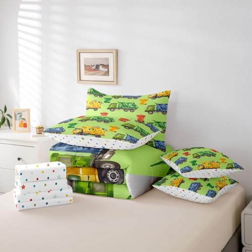 Erosebridal Boys Garbage Trucks Queen Bed in A Bag, Trash Truck Comforter Set with Sheets, Cartoon Car 7 Pieces Bedding Set for Teens Men Kids Room Decor, Colourful Trash Cans Green Bed Sets