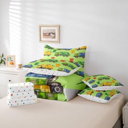 Erosebridal Boys Garbage Trucks Full Bed in A Bag, Trash Truck Comforter Set with Sheets, Cartoon Car Bed Sets for Teens Men Kids Room Decor, Colourful Trash Cans Green 7 Pieces Bedding Set