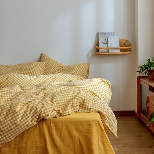 mixinni Yellow Gingham Comforter Set Full, Plaid Comforter Set 3 Pieces 1 Yellow Grid Comfoter with 2 Pillow Cases for All Seasons, Soft Fluffy Modern Grid Pattern Printed Bedding-Full Size