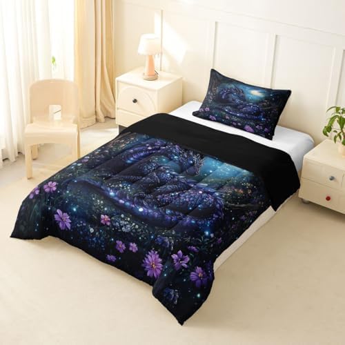 Feelyou Dragon Bedding Set Soft for Boys Girls, Jungle Dragon Comforter Set Twin Size Magical Beast Duvet Quilt Microfiber Fantasy Animal Bedroom Decor Wild Life 2 Pcs with 1 Pillow Cases