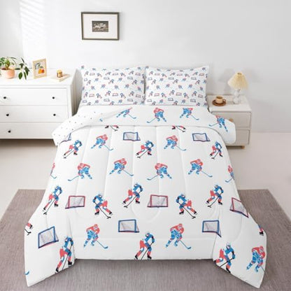 Hockey Players Kids Bedding Set King Size, Comforter Set,Winter Sports Games Quilt Comforter,White Blue Bedroom Duvet Insert,2 Pillowcases
