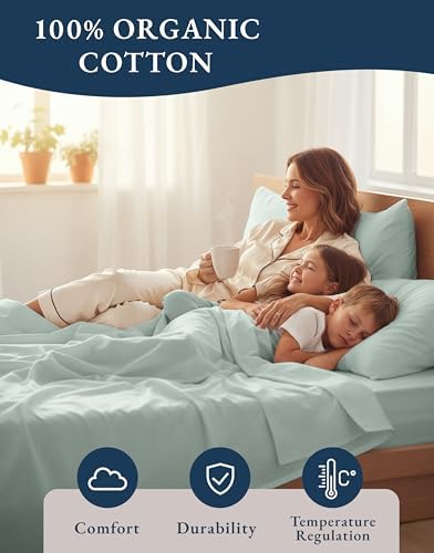 LANE LINEN Queen Sheet Set 100% Organic Cotton Cooling Soft 4pc - Cool Blue