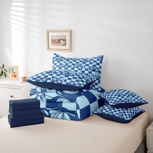 Erosebridal Navy Blue Boys King Bedding Set 7 Piece Fashion Y2K Lucky 8 Ball Comforter Set for Kids Teen Adults,Cute Cherry Bow Bed in A Bag with Sheets Preppy Aesthetic Geometric Plaid Bed Set
