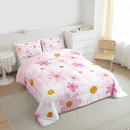 jejeloiu Cute Flower Comforter Set Toddler Size Pink White Daisy Bedding Set for Kids Boys Girls Blossom Flowers Pattern Duvet Quilt Kawaii Bedroom Decor Microfiber 2 Pcs with 1 Pillow Cases