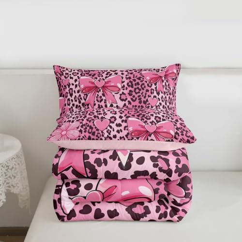 jejeloiu Pink Bow Leopard Kids Comforter Set King Size Bowknot Bedding Set Cheetah Duvet Quilt for Kids Boys Girls Bedroom Cute Decor Microfiber Ultra Soft Breathable