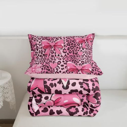 jejeloiu Pink Bow Leopard Kids Comforter Set King Size Bowknot Bedding Set Cheetah Duvet Quilt for Kids Boys Girls Bedroom Cute Decor Microfiber Ultra Soft Breathable
