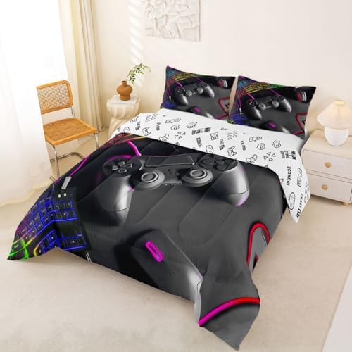 Feelyou Gamer Bedding Set Soft for Boys Girls, Gaming Comforter Set Full Size Game Room Decor Duvet Quilt Microfiber Gamepad Bedroom Decor Purple Yellow 3 Pcs with 2 Pillow Cases