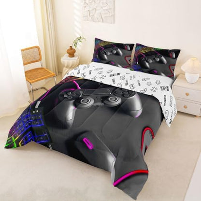 Feelyou Gamer Bedding Set Soft for Boys Girls, Gaming Comforter Set Full Size Game Room Decor Duvet Quilt Microfiber Gamepad Bedroom Decor Purple Yellow 3 Pcs with 2 Pillow Cases