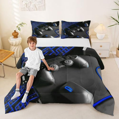 Feelyou Gamer Bedding Set Soft for Boys Girls, Gaming Comforter Set Queen Size Game Room Decor Duvet Quilt Microfiber Gamepad Bedroom Decor Blue 3 Pcs with 2 Pillow Cases