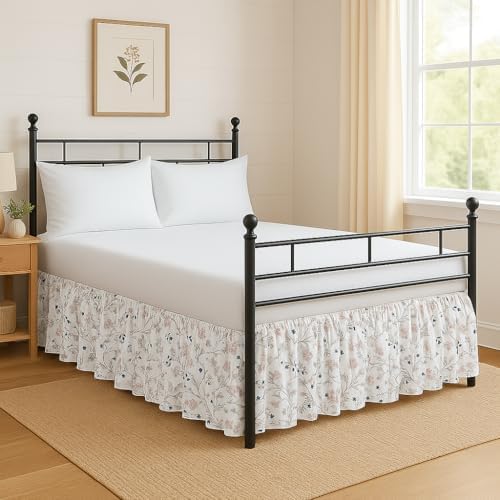 Mattress-Homes Printed Ruffled Bed Skirt Split Corners with Platform Tailored Fit Wrinkle Free Ultra-Soft Microfiber Dust Ruffle Full 18" Drop Pink White Waverly