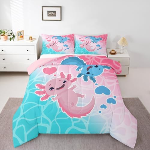 Axolotls Comforter Set Twin Size,Blue Pink Kids Bedding Set 2Pcs with 1 Pillowcase,Ocean Animals Theme Down Comforter Cartoon Lovely Salamander Quilted Duvet Insert for Girls Boys Bedroom Decor