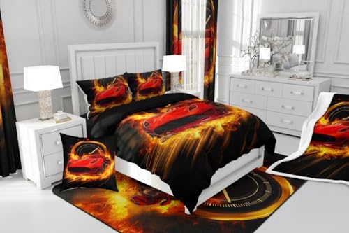 Erosebridal Red Race Car King Comforter Set for Boys Girls,Kids Sports Car Bedding Set Race Car Decor for Toddler Boys Room,Cool Cars Comforter Set Breathable Racing Car Quilt Bed Set 3Pcs