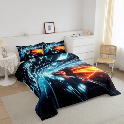 Boys Race Car Bedding Set,Neon Racing Cars Toddler Size Comforter Set for Boys Kids Para Niños,Orange Blue Sports Gaming Comforter for Teens,Cool Sci-Fi Extreme Sports Speed Car Quilt for Room Decor