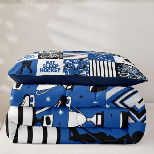 Hockey Sport Comforter Set King Size,Eat Sleep Hockey Player Silhouette Bedding Sets 3Pcs for Teens Adult Woman Men Room Decor,Athletic Duvet Insert Blue Black White Line Down Comforter,2 Pillowcases