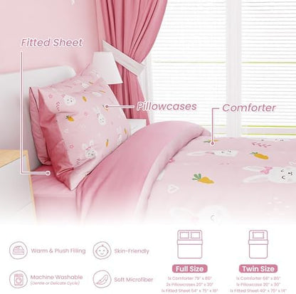 SANDJEST Rabbit Comforter Set Twin Size 68x86in for Kids Girls, Microfiber 3 Pcs Bedding Set Includes 1 Comforter, 1 Pillowcase, 1 Fitted Sheet, Nursery Room Decor