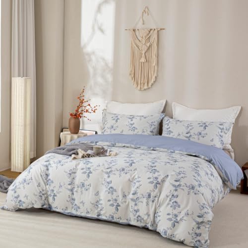 OAITE King Duvet Cover Set 3pcs 100% Cotton Vintage Blue Rose Floral