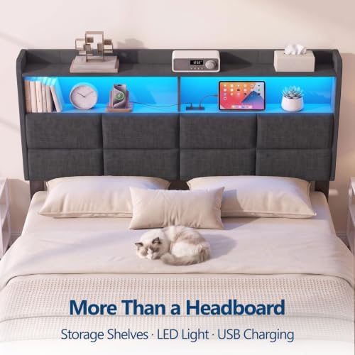 Garvee Full Size Headboard Only with 2-Tier Storage,Charging Station,Grey