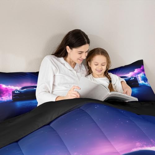 Erosebridal Boys Race Car Queen Size Bedding Set,Extreme Sports Car Bed for Boys Kids,Purple Black Kids Racing Car Comforter,Cool Speed Luxury Car Decor Quilt Set Soft for All Season Bedroom Decor