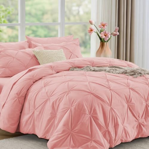 JOLLYVOGUE California King Comforter Set 7 Pieces - Bed in a Bag Cal King for All Season, Pintuck Bedding Comforter Sets with Comforter, Flat Sheet, Fitted Sheet and Pillowcases & Shams, Pink