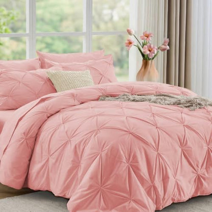 JOLLYVOGUE California King Comforter Set 7 Pieces - Bed in a Bag Cal King for All Season, Pintuck Bedding Comforter Sets with Comforter, Flat Sheet, Fitted Sheet and Pillowcases & Shams, Pink
