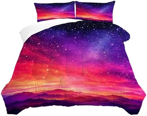 Galaxy Bedding Set Full/Queen Size Red Gradient Comforter for Kids Boys Teen Girls Space Stars Moon Bedroom Decor Quilt Bed Sets, 1 Comforter 2 Pillowcases