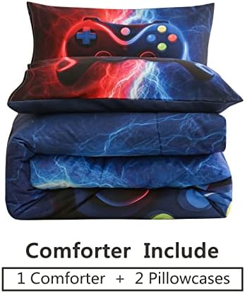 Meeting Story Gamer Gaming Bedding Sets Tie Dye Lightnings Gamepad Comforter Set for Boys Games Console Action Buttons Novelty Colorful Modern Room Decor Home Quilt Set (Queen, Red-Blue)