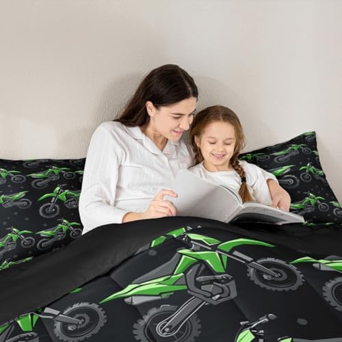 Erosebridal Boys Green Motocross Bedding Set Toddler, Dirt Bike Comforter Set, Racing Motocross Comforter, Cool Motorcycle Black Quilt with 1 Pillowcase for Kids Teens Youth Men Bedroom Decor