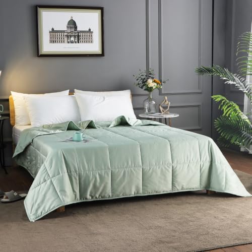 YOUR MOON Lightweight Wool Comforter Twin Size, 100% Australian Lamb Wool Filling Duvet Insert, 100GSM, Breathable & Thin Summer Comforter for Hot Sleepers, Soft Noiseless Cotton Shell(Green)