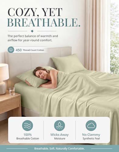 450TC 100% Long-Staple Cotton Cal King Sheets - Soft Sateen Weave, Linen