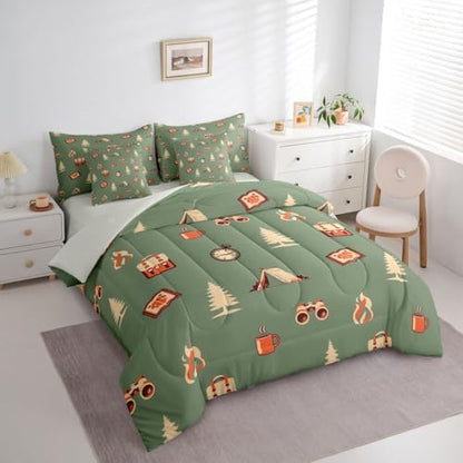 Camper Adventure Theme 7 Pieces Bedding Set Full Size,Happy Camping Bed in a Bag,Cartoon Tent Travel Bag Bed Set Includes Comforter,Sheet Set,Pillowcases & Pillow Covers,Camping Lover Bedroom Decor