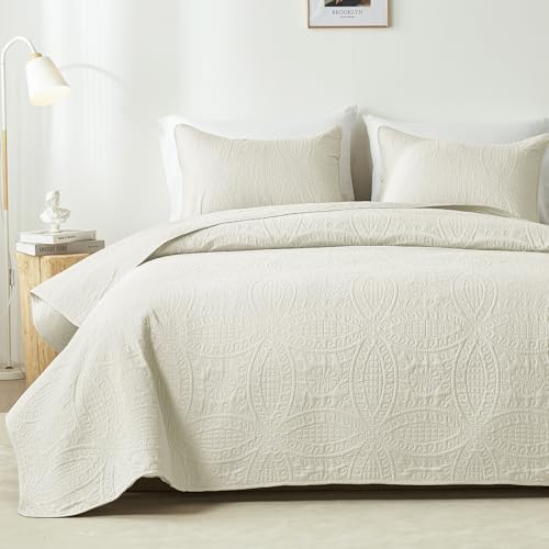 akkialla Twin Quilt Set,Cream Lightweight Bedspread with Coin Pattern, Soft Microfiber Coverlet for All Seasons, Elegant Modern Home Style (1 Quilt, 1 Pillow Sham)