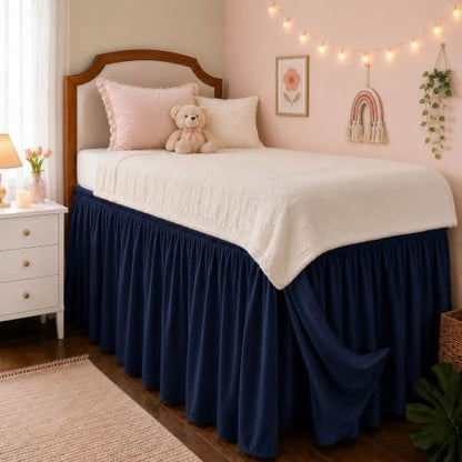 Dorm Room Bed Skirt Twin XL 42" Drop, College Split Corner Bedskirt, Navy