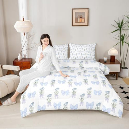 Castle Fairy Blue Bowknot Twin Size Comforter Set for All Seasons,Retro Farmhouse Dreamy Girly Style Bedding Set Teens Bedroom Decor,Cute Blue Flowers Comforter Inner Fill with 1 Pillowcase