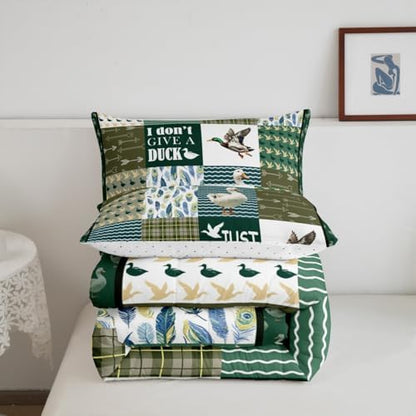 Feelyou Duck Hunting Bedding Set Retro Wild Duck Toddler Comforter Set Teen Boys Men,Wildlife Animal Mallard Duck Bed Comforter Hunting Green Plaid Quilt Duvet Insert for Hunter with 1 Pillow Cases