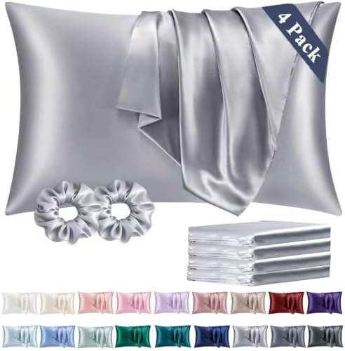 Vielit Standard Satin Pillowcase for Hair 4 Pack, Similar to Silk Pillow Cases, Easier Care Than Silk Pillowcase, Gifts for Women Men - Grey, 20x26 & Envelope Closure and 2 Satin Scrunchies