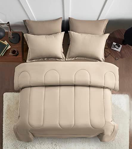 Maple&Stone Queen Comforter Set 7 Pieces Bed in a Bag Beige Bedding Set
